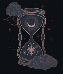 abstract hourglass with mystic moon and stars, black and gold