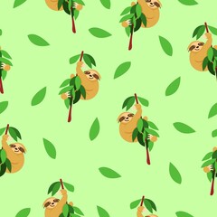 Seamless pattern of sloths hanging on tree branch and green leaves. Pastel green background. Cartoon style. Cute and funny. Summer and spring. For wallpaper, textile, scrapbooking and wrapping paper