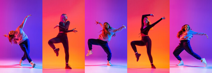 Colorful collage. Young active girls dancing contemp, hip hop isolated over milticolored background...