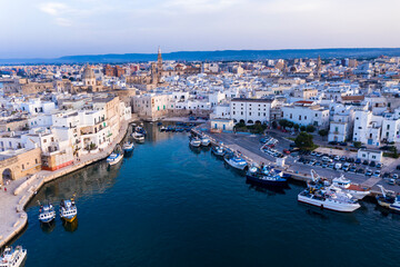 Aerial view, from the old town of Monopoli, at dusk, Puglia, Italy,