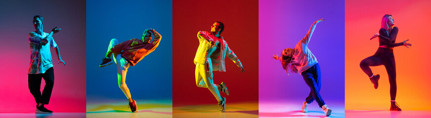 Collage. Two young active couple, boys and girls dancing contemp, hip hop isolated over multicolored backgroung in neon