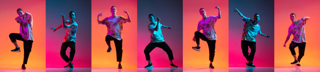 Fototapeta na wymiar Colorful collage. Young man dancing hip-hop isolated over multicolored background in neon lights