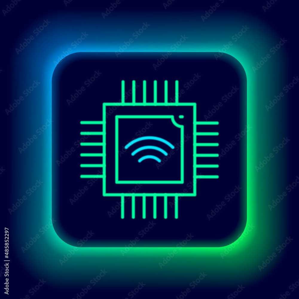 Aufkleber glowing neon line computer processor with microcircuits cpu icon isolated on black background. chip 