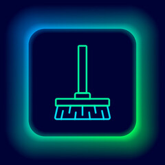 Glowing neon line Handle broom icon isolated on black background. Cleaning service concept. Colorful outline concept. Vector