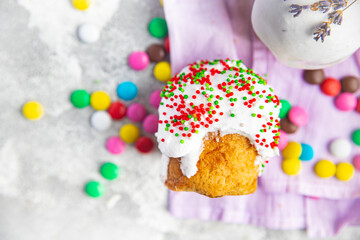 Easter holiday colorful candies Easter cake dragee homemade pastry sweet dessert holiday easter treat meal food snack on the table copy space food background 