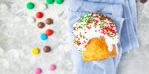 Easter holiday colorful candies Easter cake dragee homemade pastry sweet dessert holiday easter treat meal food snack on the table copy space food background 