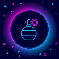 Obraz premium Glowing neon line Hand grenade icon isolated on black background. Bomb explosion. Colorful outline concept. Vector
