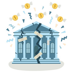 Vector illustration about financial problems and banking crisis. The bank collapses and loses money.