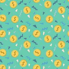 Vector seamless pattern with coins. Money and abstract figures on a green background. Texture for design, decoration, printed products.