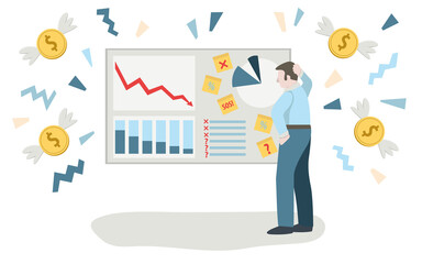 Vector illustration about financial problems and loss of money. A man looks at a blackboard with charts of falling profits. The financier thinks about what to do.