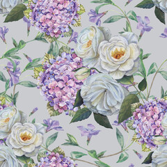 Background with watercolor spring flowers of rose with hydrangea. Floral seamless pattern on gray background. 