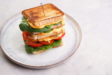 American homemade tall hot grilled cheese sandwich with tofu, cheddar, tomato slices and spinach on...