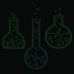Chemical test tubes vector icons set minimalist simple flat illustrations. Experiment chemical flasks for science isolated on black background.