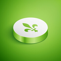 Isometric Fleur De Lys icon isolated on green background. White circle button. Vector