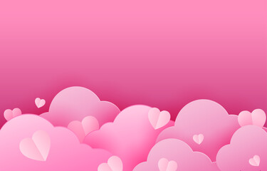 Happy Valentine's day blank background, pink paper cut clouds with 3d red hearts. Vector illustration. papercut love style. wallpaper have place for text
