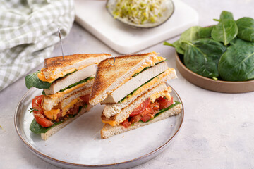 American homemade tall hot grilled cheese sandwich with tofu, cheddar, tomato slices and spinach on white scandi plate cut in triangles. Italian Tramezzini