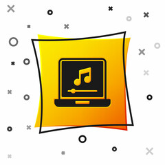 Black Laptop with music note symbol on screen icon isolated on white background. Yellow square button. Vector