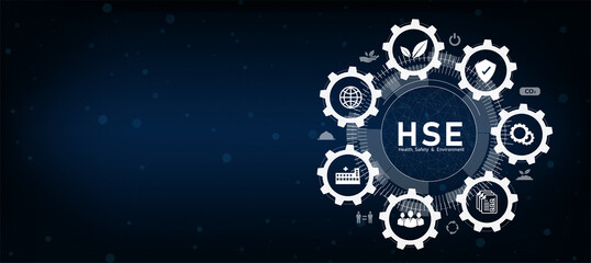 HSE banner icon concept - Health safety environment web banner with icons in HSE concept for business and organization. Industrial and safety standards health safety concept banner information