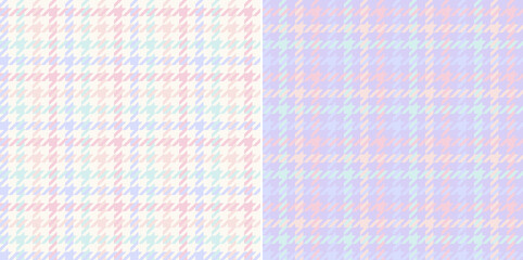 Houndstooth check plaid pattern in iridescent pastel purple, green, pink, orange, off white. Seamless light dog tooth tartan pattern set for scarf, coat, blanket, other spring fashion textile print. - obrazy, fototapety, plakaty