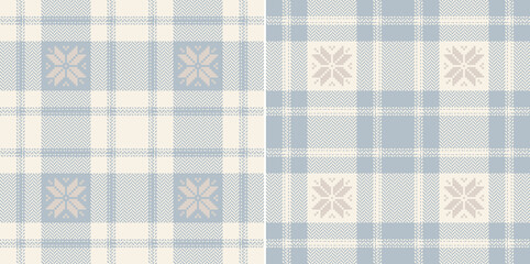 Christmas check plaid pattern in soft cashmere blue and beige. Seamless herringbone fair isle tartan set with snowflake motif for scarf, flannel shirt, blanket, duvet, other holiday fabric design.