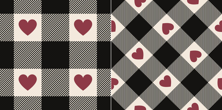 Plaid pattern print for Valentines Day with hearts in black, red pink, off white. Seamless large buffalo check tartan set for spring autumn winter flannel shirt, duvet cover, other textile design.