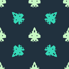 Green and beige Jet fighter icon isolated seamless pattern on blue background. Military aircraft. Vector