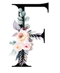 Letter F decorated with watercolor winter bouquet made of pastel flowers and leaves. Floral alphabet