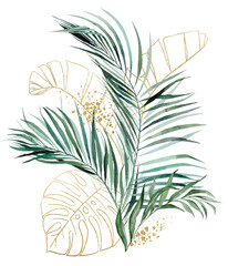 Fototapeta na wymiar Golden bouquet with green and golden watercolor tropical leaves illustration