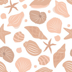 Seamless pattern summer time. Hand drawn sea shells and stars collection. Marine illustration of ocean shellfish. 
