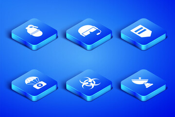 Set Radar, Hand grenade, Biohazard symbol, Parachute with first aid kit, Military helmet and Chevron icon. Vector