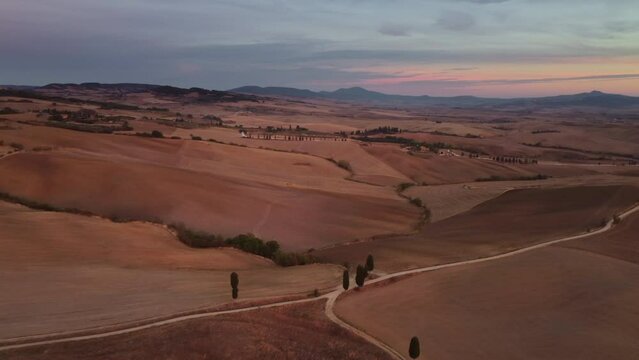 Famous Gladiator cypress road and farmhouse in Val d'Orcia, Pienza Tuscany aerial view, Italy