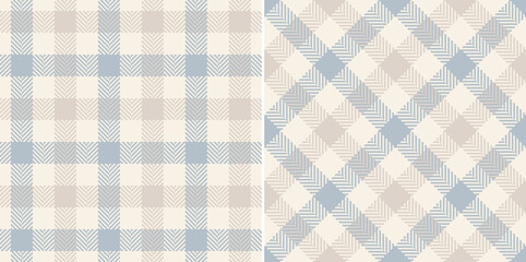 Gingham check plaid pattern in soft cashmere blue and beige. Seamless small vichy tartan vector illustration for dress, jacket, coat, skirt, trousers, other modern spring autumn winter textile print. - 485860202