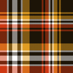 Check plaid pattern in black, orange red, gold mustard yellow. Seamless dark bright large asymmetric autumn winter tartan design for scarf, blanket, duvet cover, other modern fabric print.