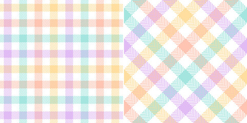 Gingham check plaid pattern in multicolored pastel lilac purple, green, orange, yellow, white. Herringbone vichy tartan for dress, gift paper, tablecloth, other spring summer fashion fabric print.