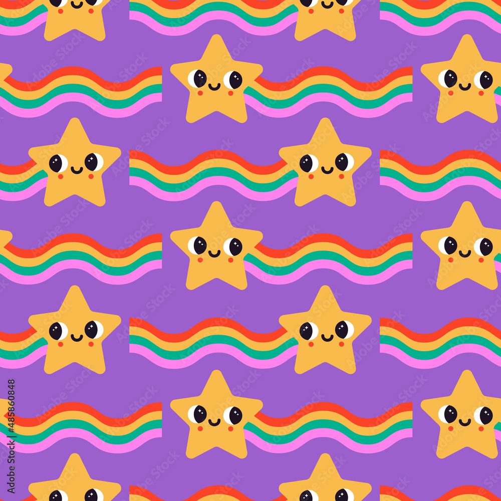 Poster vector seamless pattern with cute abstract star and rainbow wave. background with fun space characte