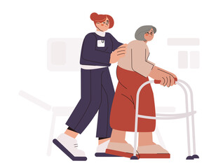 Nurse help old woman to walk around nursing home with walker. Social worker facilitates physical rehabilitation of elder patient. Senior person with walking frame. Elderly care social service concept.