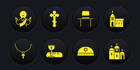 Set Christian cross on chain, Church building, First communion symbols, Jewish kippah with star of david, Orthodox jewish hat sidelocks, and Jesus icon. Vector