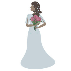Bride in a white long dress with a bouquet of flowers in her hands