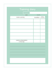Diary, planner for fitness and sports.  Notepad, organizer for training schedules. A template for planning sports activities.