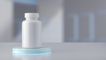 Mockup packaging of vitamin bottles with laboratory background. 3D rendering.