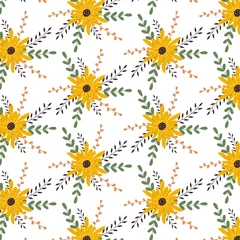 Behang Pattern with flowers and twigs on a white background in a flat style © Irina Shcherbakova