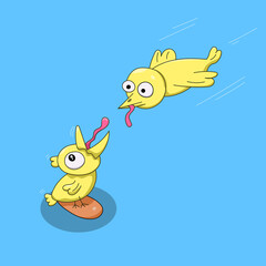 Yellow Bird Feeding His Chick Illustration