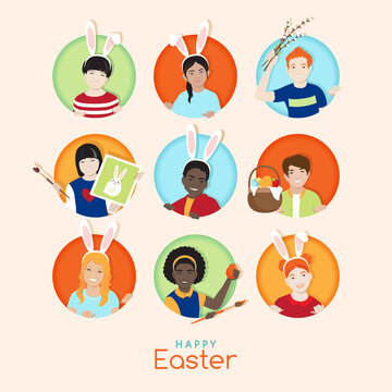Happy Easter greeting poster, card with cheerful smiling diverse skin colors kids wearing bunny ears, painting traditional eggs, drawing rabbit, paying egg hunting. Bright colors vector illustration 