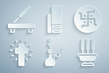 Set Hookah, Hindu swastika, Christian cross, Incense sticks, Indian textile fabric and Scented spa icon. Vector