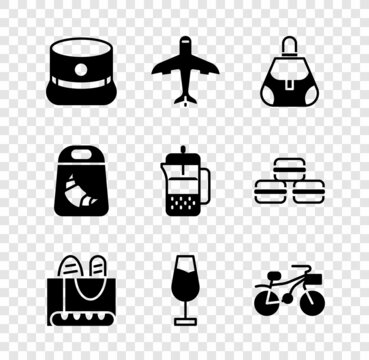 Set Kepi, Plane, Handbag, French baguette bread, Wine glass, Bicycle, Croissant package and press icon. Vector