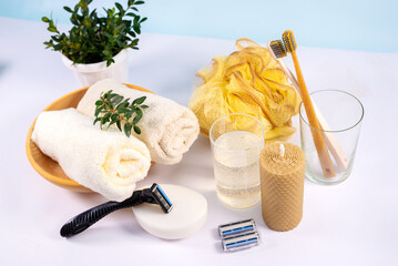 Facial care and shaving accessories. Shaving and bath accessories for men. Flat, laid on. The concept of sustainable lifestyle.