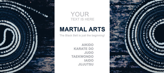 Sports horizontal banner. Black belt for martial arts in retro style with place for text. 