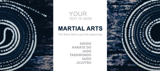 Tuinposter Sports horizontal banner. Black belt for martial arts in retro style with place for text.  © Uladzimir