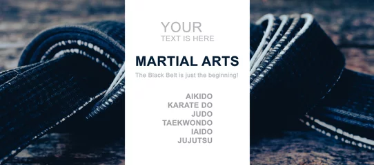 Fensteraufkleber Sports horizontal banner. Black belt for martial arts in retro style with place for text.  © Uladzimir