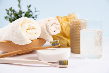 Accessories for hygiene. Natural toothbrush. Facial care and accessories. The concept of sustainable lifestyle.
